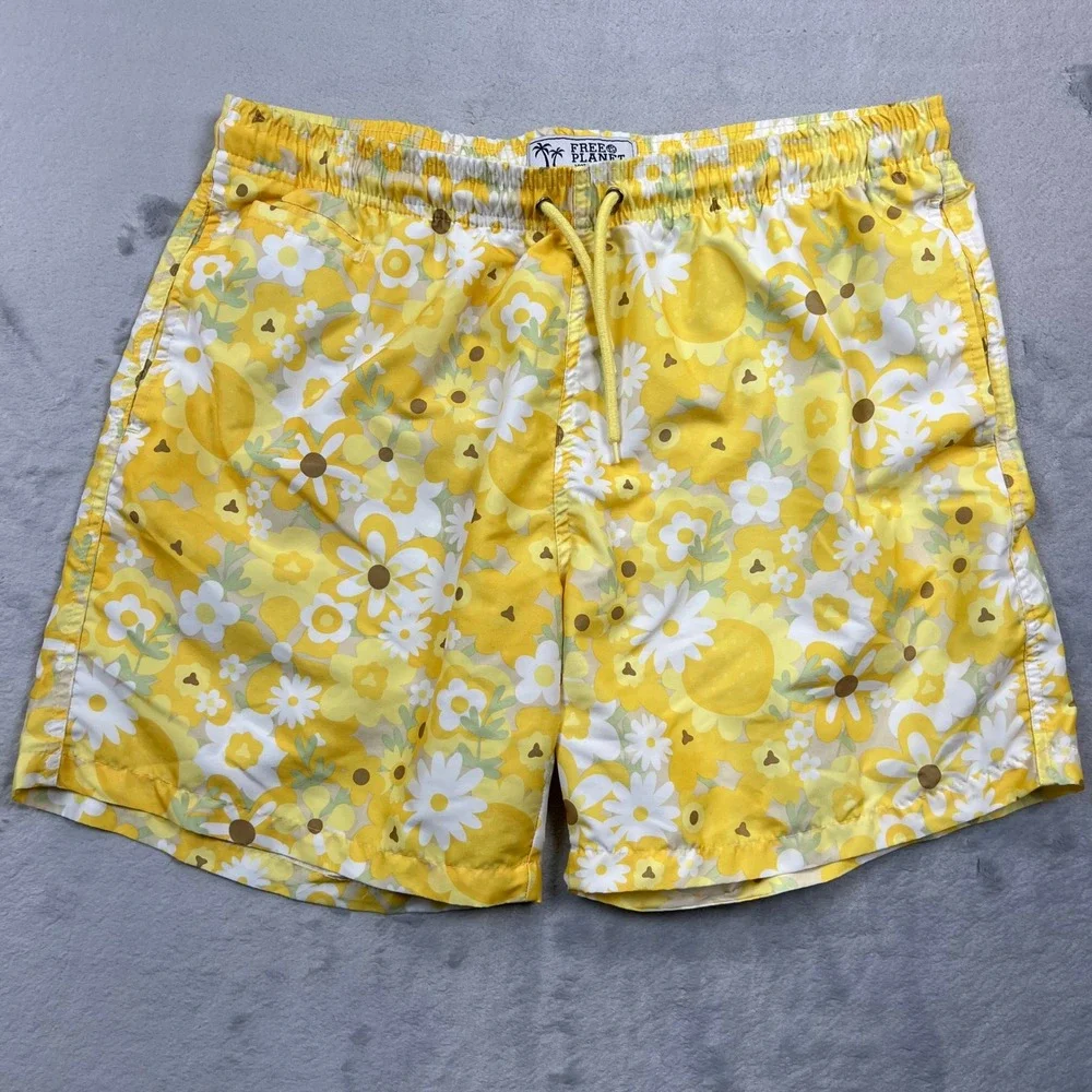 Free Planet Swim Trunks Mens XL Yellow Floral Retro Board Shorts 6in Inseam